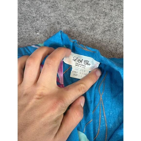 VINTAGE 80s LA Chic Mini Shirt Dress Girls Size 14 Blue Floral Tropical Beach - Picture 6 of 6